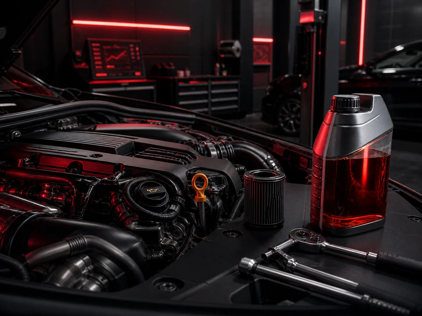 Motor em preparação com iluminação vermelha